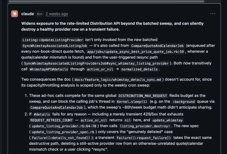 An AI reviewer warns that a transient API failure can delete a healthy provider row
